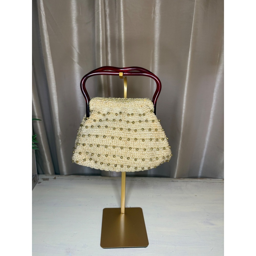Vintage Lucite & Crochet Handbag – Red Marbled Lucite Handle & Base, Gold Bead E